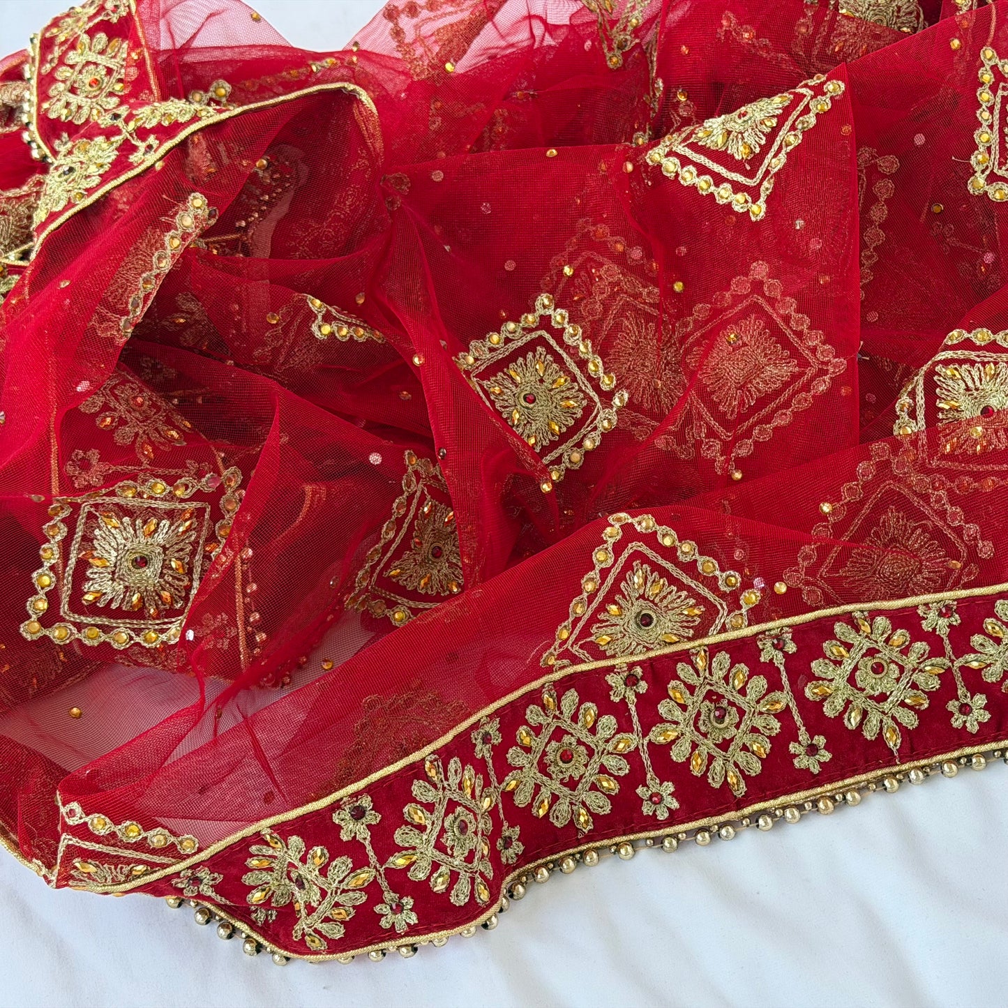 Red Bridal Net Dupatta with Heavy Embroidered Border | Wedding Chunni for Bride | Gold Zari & Sequin Work | Indian Dulhan Dupatta | Bridal Veil