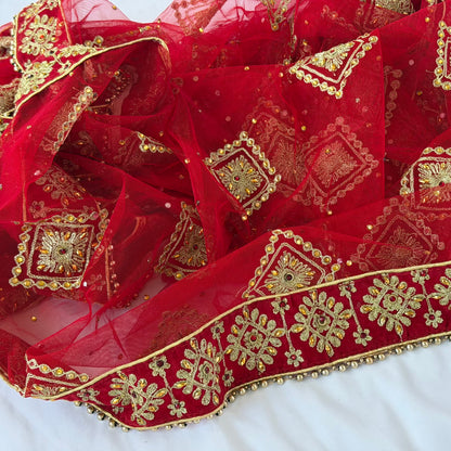 Red Bridal Net Dupatta with Heavy Embroidered Border | Wedding Chunni for Bride | Gold Zari & Sequin Work | Indian Dulhan Dupatta | Bridal Veil
