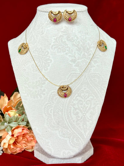 Chandrakor Necklace Set with Earrings, Traditional Maharashtrian Moon Pendant Jewelry, Antique Gold Finish with Ruby Stone, Festive Wedding