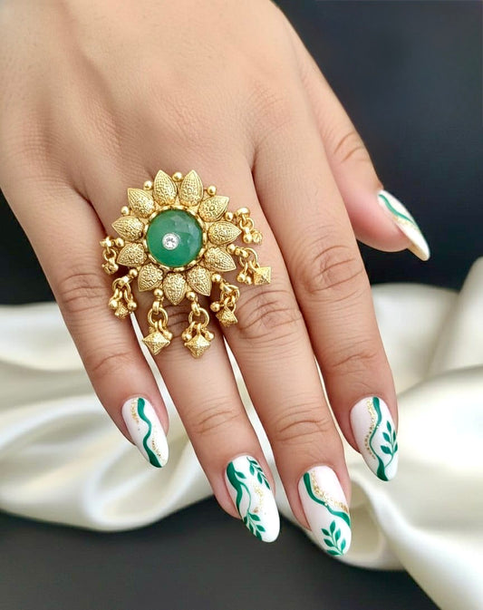Vintage Brass Statement Ring, Heritage Floral Ring, Green Stone Adjustable Ring, Boho Ethnic Finger Ring, Indian Traditional Jewelry Gift fo