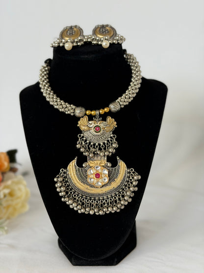 Oxidized Silver Gold Necklace Set, Statement Tribal Jewelry, Dual Tone Indian Necklace, Ghungroo Pendant Earrings, Navratri Garba Jewelry