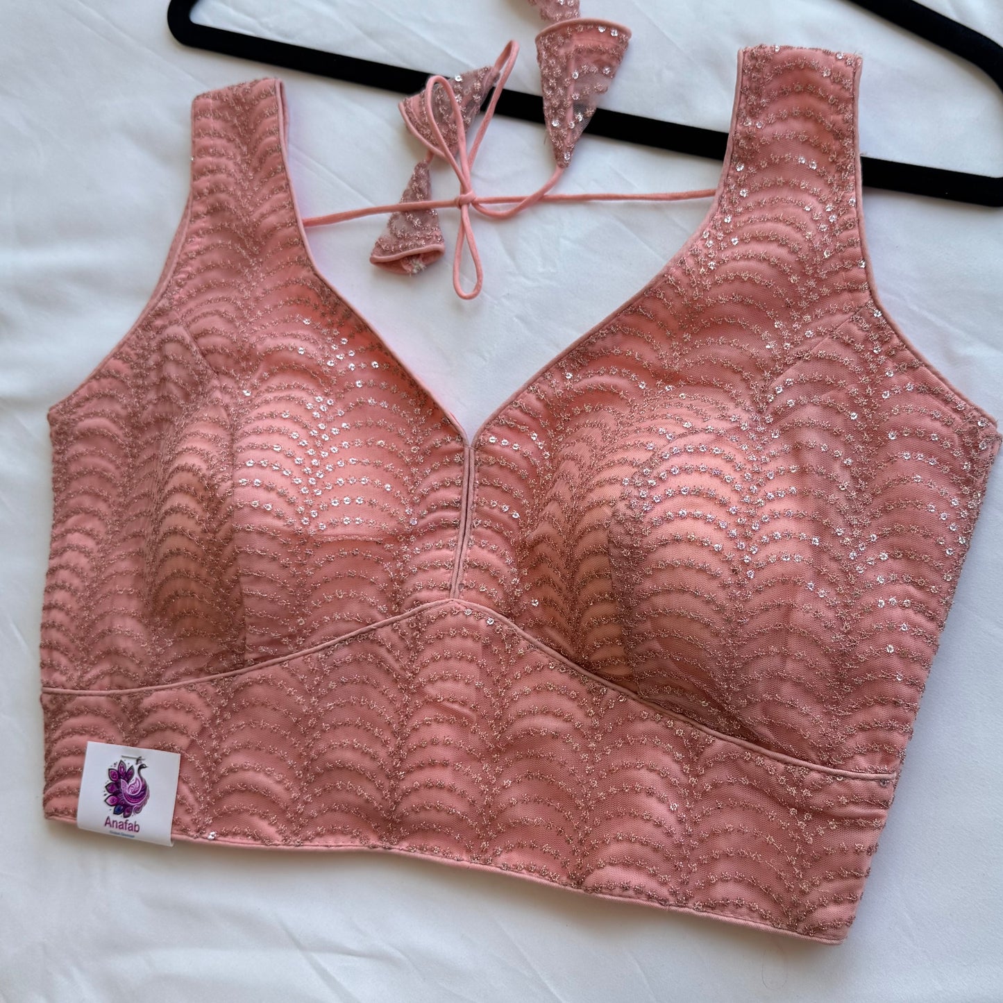 Peach Pink Sequin Designer Blouse | Readymade Padded Saree Blouse | Elegant Party Wear Blouse with Tie Back | Size 38–42 | Lehenga blouse |