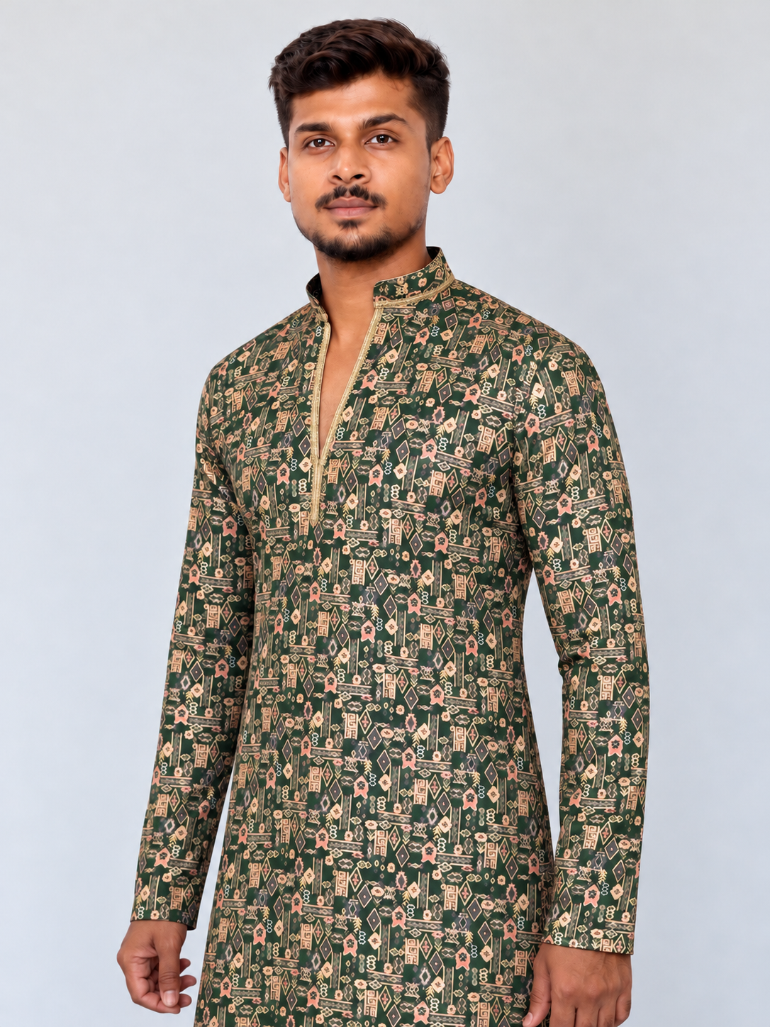 Men’s Green Printed Kurta Pajama Set, Armani Fabric Kurta with Golden Shine, Indian Ethnic Wear, Festive Diwali Wedding Outfit for Men