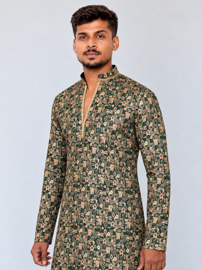 Men’s Green Printed Kurta Pajama Set, Armani Fabric Kurta with Golden Shine, Indian Ethnic Wear, Festive Diwali Wedding Outfit for Men