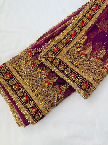 Purple Bridal Net Dupatta, Heavy Zardozi Wedding Dupatta, Dulhan Chunni, Designer Bridal Veil, Indian Wedding Lehenga Dupatta