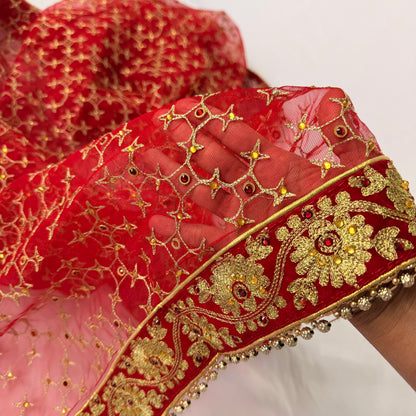 Red Bridal Net Dupatta for Lehenga | Heavy Embroidered Dulhan Dupatta | Indian Wedding Chunni | Bridal Veil with Gold Border | Bride Dupatta