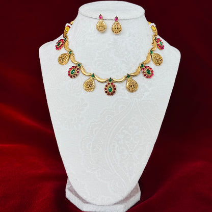 Antique Gold Lakshmi Necklace Set with Red & Green Stones, Temple Jewelry Set, South Indian Bridal Necklace, Traditional Indian Wedding Jewe