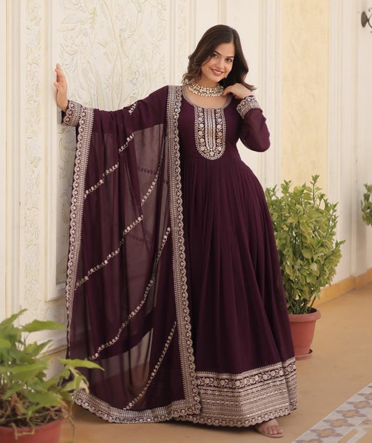 Wine Embroidered Gown with Dupatta | Fully Stitched Anarkali Style Dress | Indian Ethnic Wear for Weddings & Parties