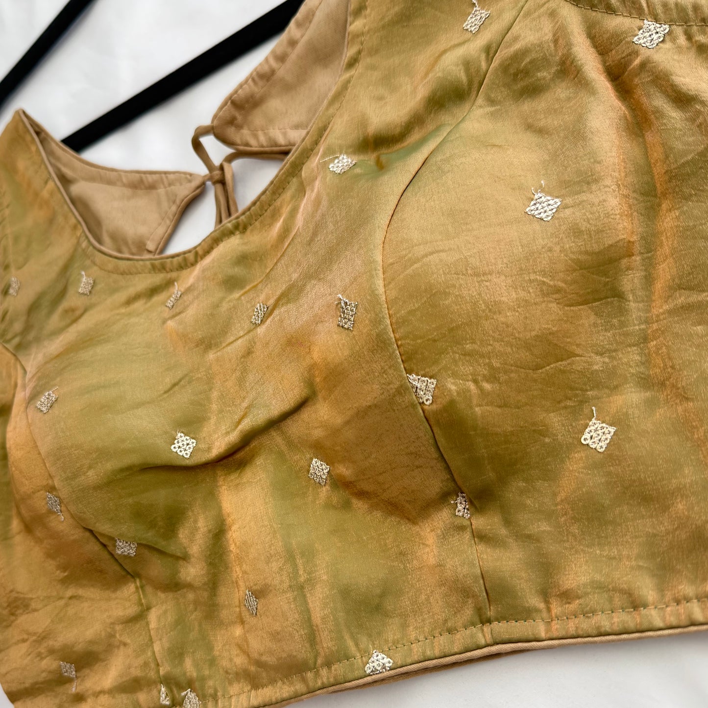 Gold Green Dual Tone Fandy Silk Blouse | Sequins Butti Work, Padded, Back Dori Tassels