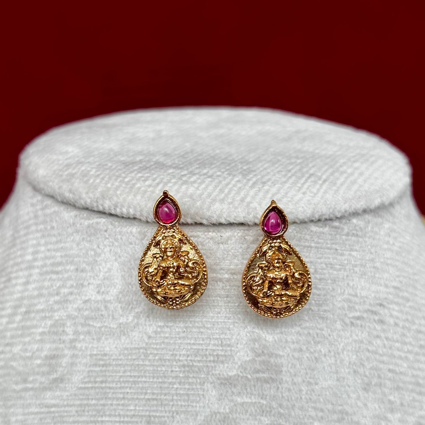 Antique Gold Lakshmi Necklace Set with Red & Green Stones, Temple Jewelry Set, South Indian Bridal Necklace, Traditional Indian Wedding Jewe