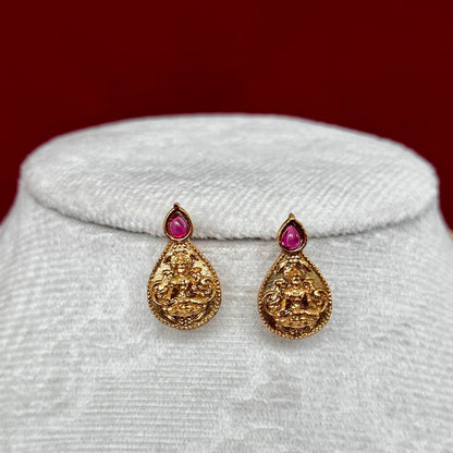 Antique Gold Lakshmi Necklace Set with Red & Green Stones, Temple Jewelry Set, South Indian Bridal Necklace, Traditional Indian Wedding Jewe