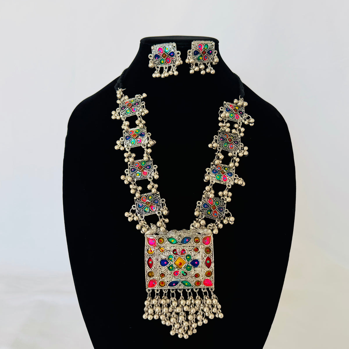 Oxidized Silver Necklace Set with Multicolor Enamel & Ghungroo, Indian Tribal Statement Jewelry, Boho Necklace Earrings Set, Festive Jewelry