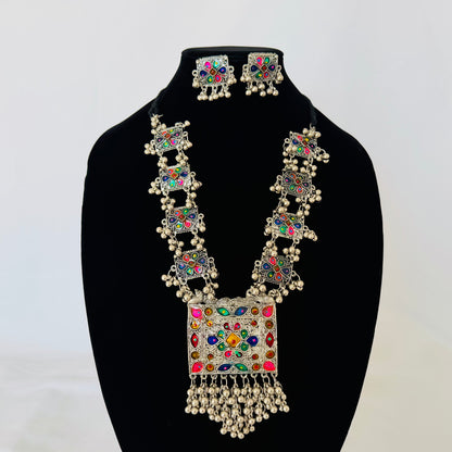 Oxidized Silver Necklace Set with Multicolor Enamel & Ghungroo, Indian Tribal Statement Jewelry, Boho Necklace Earrings Set, Festive Jewelry