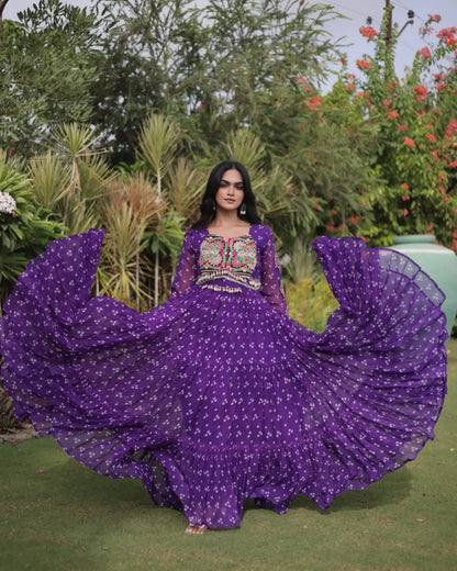Navratri Bandhani Gown, Purple Garba Dress, Kutchi Patchwork Anarkali, Gujarati Traditional Dress, 12 Meter Flared Indian Ethnic Gown