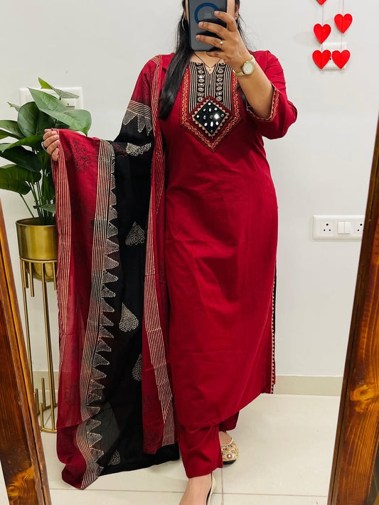Red Dabu Cotton Suit Set with Dupatta, Kutch Work Kurta Set, Pure Cotton Salwar Suit, Ethnic Indian Suit for Women, Daily Wear Kurti Set