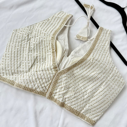 Off white Saree Blouse, V Neck Zari Embroidered Blouse, Sleeveless Ready to Wear Indian Blouse, Wedding Festive Blouse,