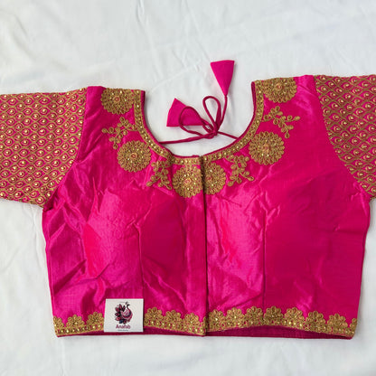 Rani Pink Jacquard Saree Blouse with Gold Embroidery, Designer Indian Blouse, Readymade Silk Blouse, Wedding Festive Blouse, Lehenga blouse