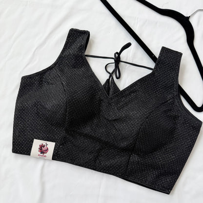 Black with silver Zari Sleeveless Saree Blouse, Shimmer Ready to Wear Indian Blouse, V Neck Padded Blouse, Party Wedding Blouse,lehenga top