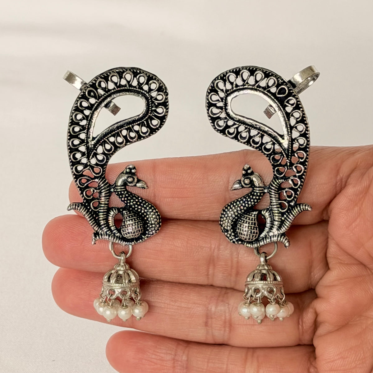 Oxidized Silver Peacock Ear Cuff Earrings, Traditional Jhumka Earrings, Statement Indian Jewelry, Ethnic Ear Wrap Earrings, Boho Jewelry