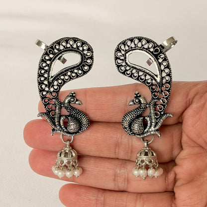 Oxidized Silver Peacock Ear Cuff Earrings, Traditional Jhumka Earrings, Statement Indian Jewelry, Ethnic Ear Wrap Earrings, Boho Jewelry