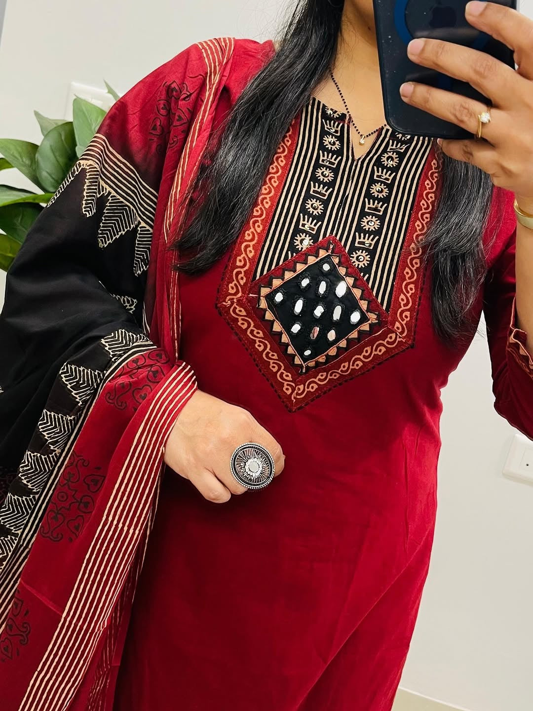 Red Dabu Cotton Suit Set with Dupatta, Kutch Work Kurta Set, Pure Cotton Salwar Suit, Ethnic Indian Suit for Women, Daily Wear Kurti Set