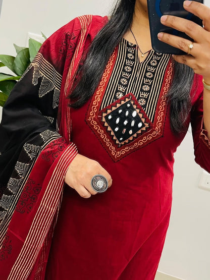 Red Dabu Cotton Suit Set with Dupatta, Kutch Work Kurta Set, Pure Cotton Salwar Suit, Ethnic Indian Suit for Women, Daily Wear Kurti Set