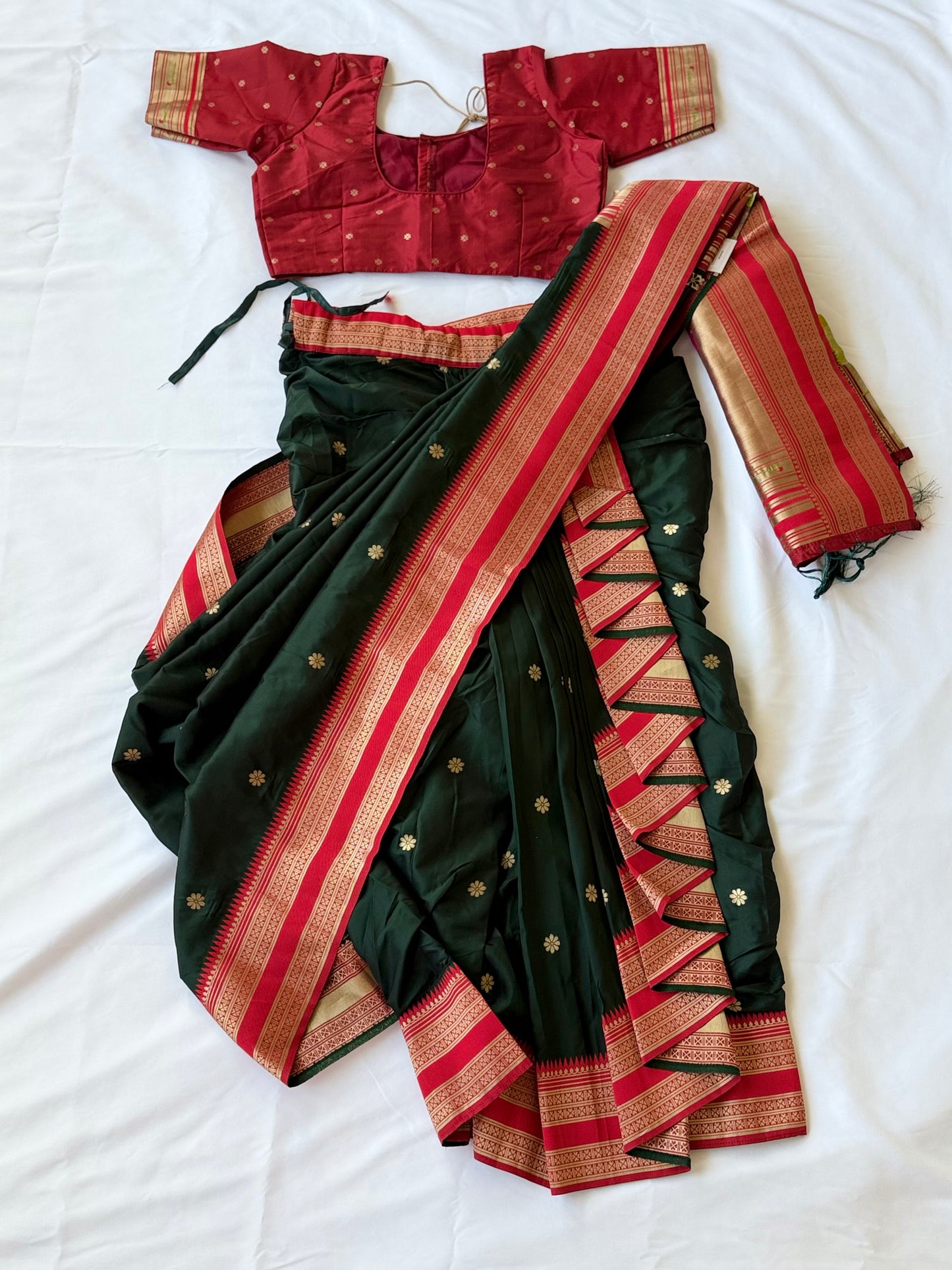 Ready to Wear Shahi Mastani Nauvari Saree | Bottle Green & Red Semi Silk Paithani | Fully Stitched 9 Yard Maharashtrian Saree with Blouse