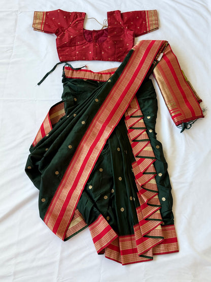 Ready to Wear Shahi Mastani Nauvari Saree | Bottle Green & Red Semi Silk Paithani | Fully Stitched 9 Yard Maharashtrian Saree with Blouse