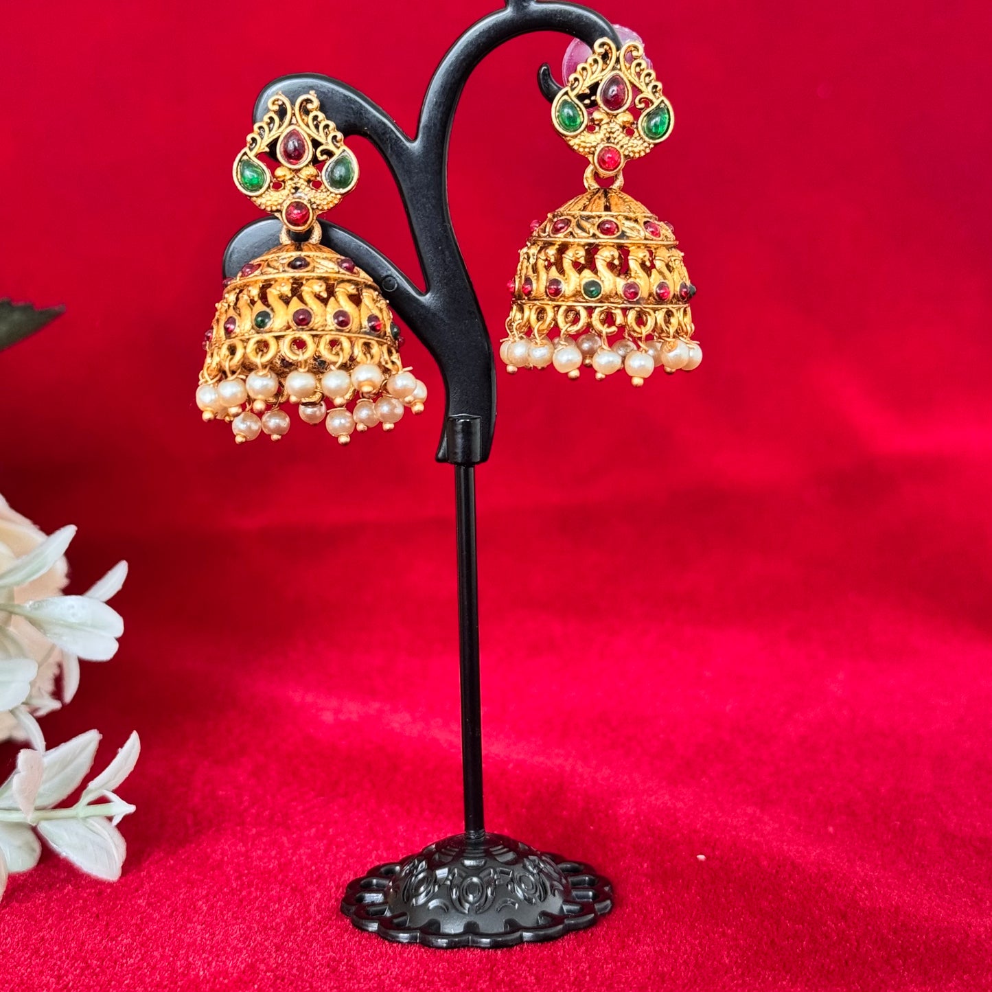 Antique Gold Jhumka Earrings, Traditional Temple Jhumki, Red Green Stone Pearl Jhumkas, Indian Bridal Earrings, Ethnic Festive Jewelry, Wedd