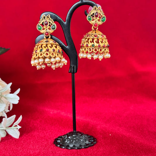 Antique Gold Jhumka Earrings, Traditional Temple Jhumki, Red Green Stone Pearl Jhumkas, Indian Bridal Earrings, Ethnic Festive Jewelry, Wedd