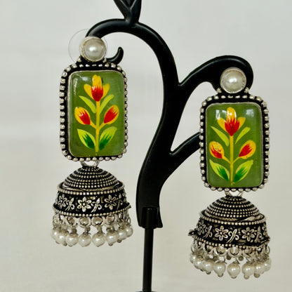 Green Oxidized Silver Handpainted Jhumka Earrings, Floral Indian Earrings, Pearl Drop Earrings, Ethnic Festive Jewelry, Oxidized earrings