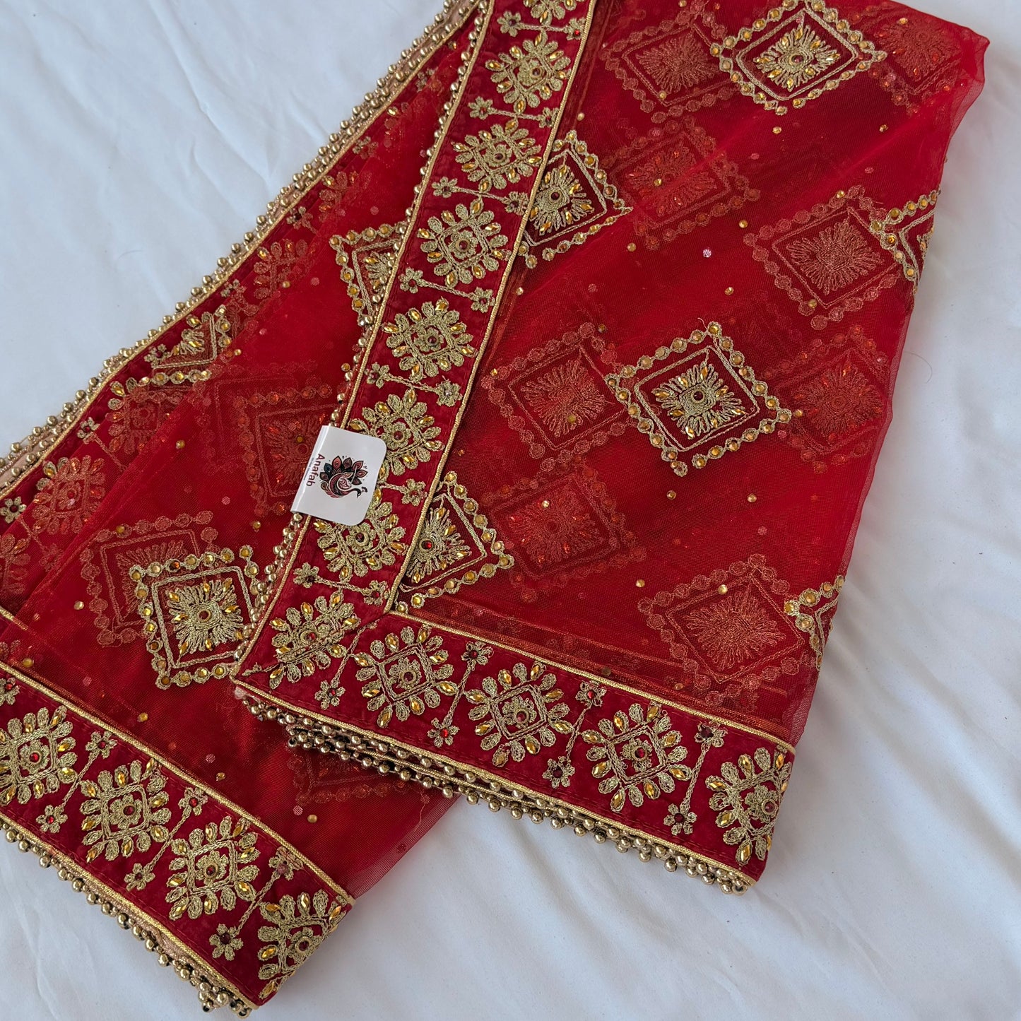 Red Bridal Net Dupatta with Heavy Embroidered Border | Wedding Chunni for Bride | Gold Zari & Sequin Work | Indian Dulhan Dupatta | Bridal Veil