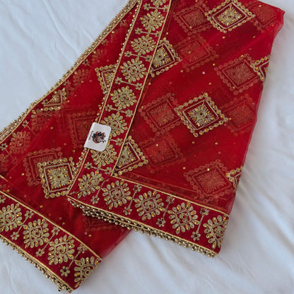 Red Bridal Net Dupatta with Heavy Embroidered Border | Wedding Chunni for Bride | Gold Zari & Sequin Work | Indian Dulhan Dupatta | Bridal Veil