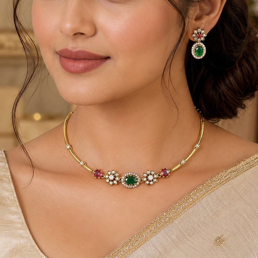 Emerald Green Pink Stone Necklace Set, Floral CZ Choker Necklace, Indian Wedding Jewelry Set, Gold Tone Party Wear Jewelry, Bridesmaid Gift