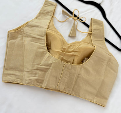 Light Gold Tissue Silk Saree Blouse, Ready to Wear Golden Blouse, Padded V Neck Blouse, Indian Saree Blouse, Festive Wedding Blouse , Crop t