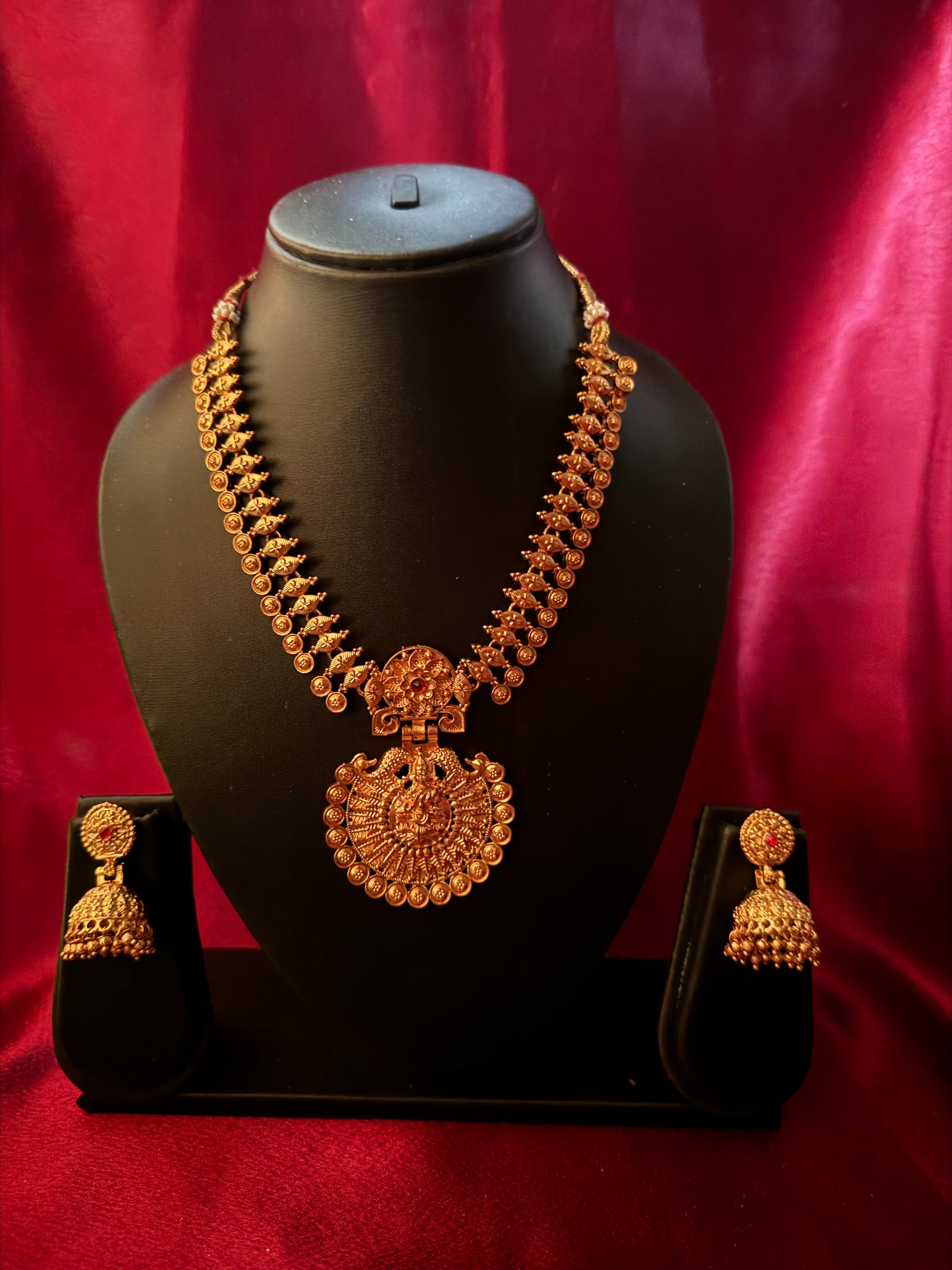Antique Gold Temple Jewelry Set with Lakshmi Pendant and Jhumkas