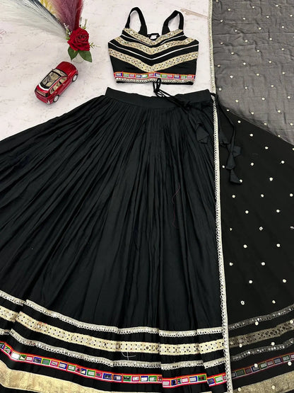 Black Navratri Lehenga Choli, Garba Chaniya Choli with Mirror Work, Cotton Ghagra Choli, Dandiya Outfit, Indian Festival Lehenga with Dupatt