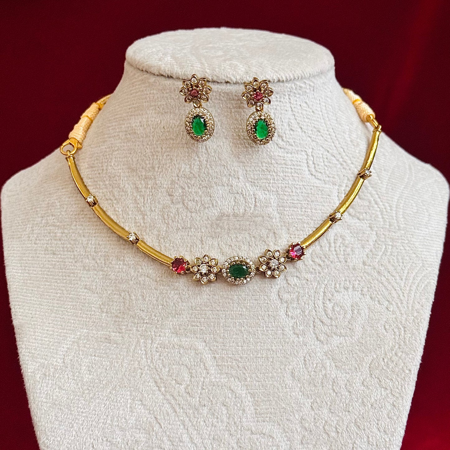 Emerald Green Pink Stone Necklace Set, Floral CZ Choker Necklace, Indian Wedding Jewelry Set, Gold Tone Party Wear Jewelry, Bridesmaid Gift