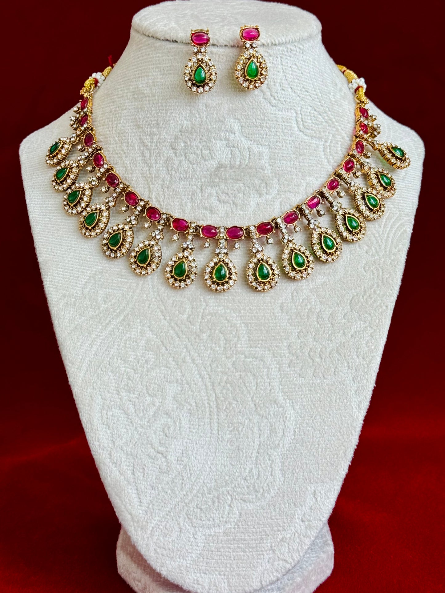 Emerald Green & Ruby Pink Stone Necklace Set, Gold Bridal Jewelry Set, Wedding Necklace, Statement CZ Necklace with Earrings, Festive wear