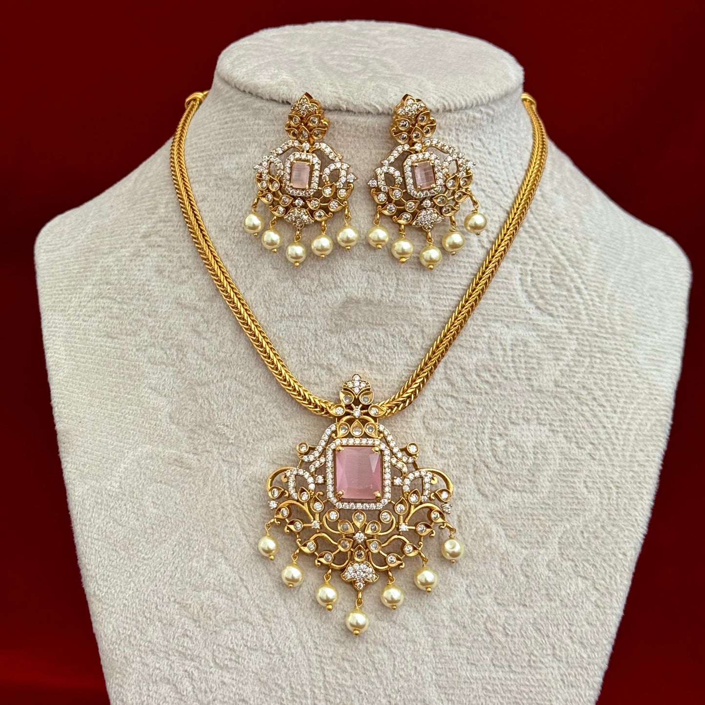 Pink Stone CZ Necklace Set for Women, Gold Tone Indian Pendant Necklace, Pearl Drop Earrings Set, Party Wear Jewelry, Wedding Guest Jewelry