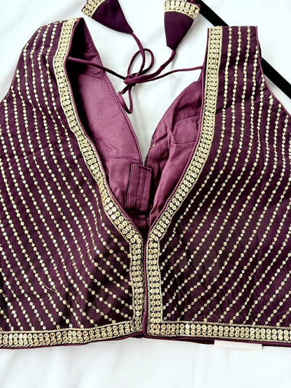 Wine Purple Saree Blouse, V Neck Zari Embroidered Blouse, Sleeveless Ready to Wear Indian Blouse, Wedding Festive Blouse, Crop top, lehenga