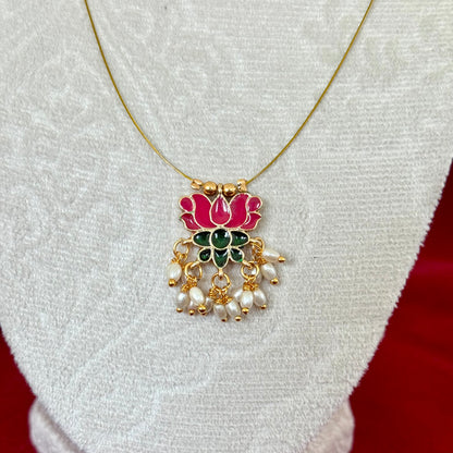 Pink Lotus Pendant Invisible Chain Necklace Set with Earrings, Lightweight Temple Jewelry, Pearl Drop Floral Necklace, Minimal Indian Jewelry