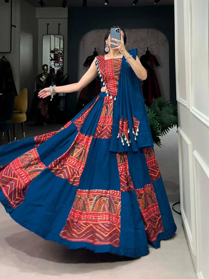Navratri Lehenga Choli for Women, Blue Garba Chaniya Choli, Pure Cotton Lehenga with Dupatta, Gujarati Dandiya Outfit, Indian Festival Dress