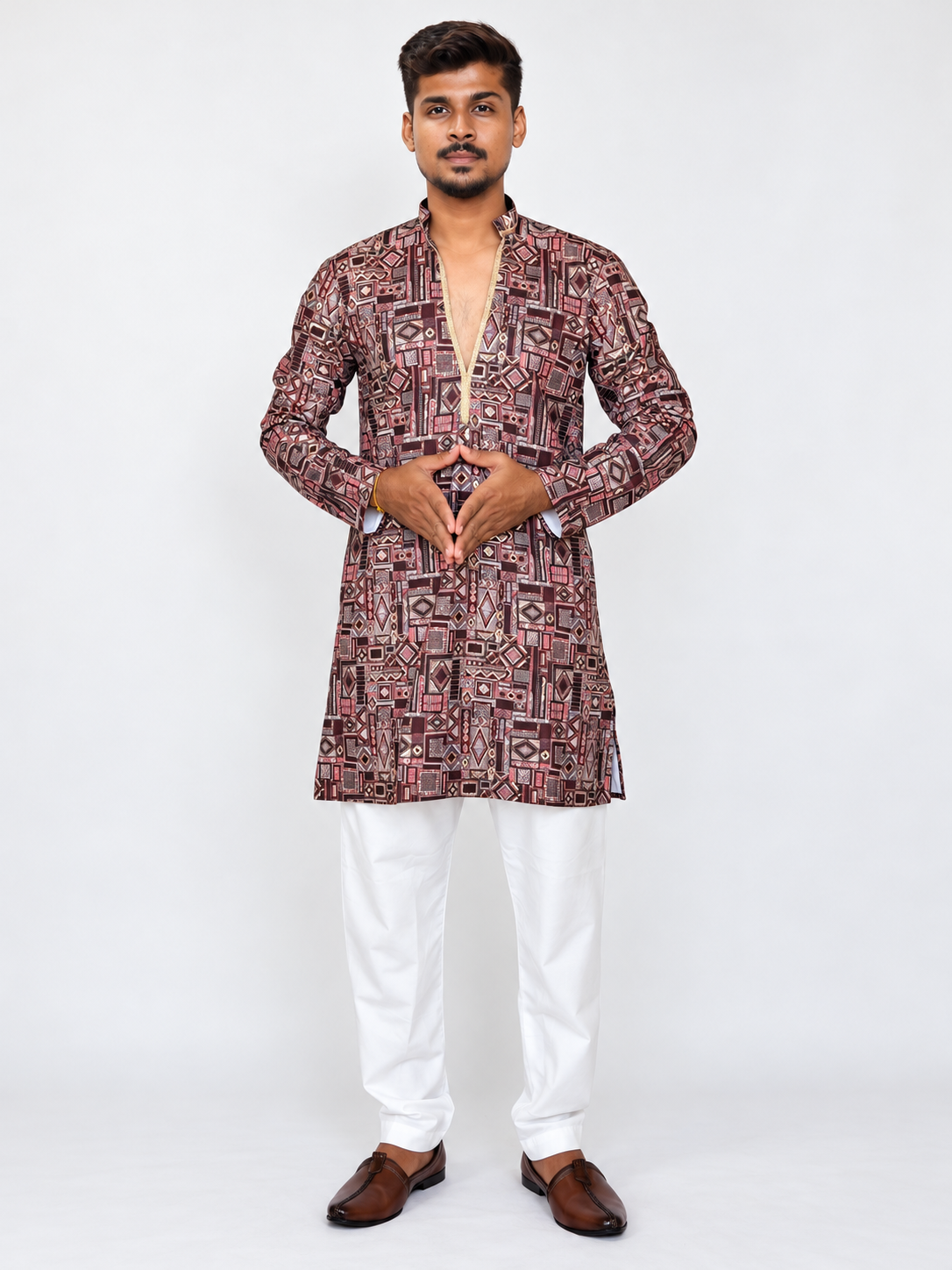 Men’s Maroon Brown Printed Kurta Pajama Set, Armani Fabric Geometric Print Kurta, Indian Festive Wear, Diwali Outfit, Men’s Navratri outfit