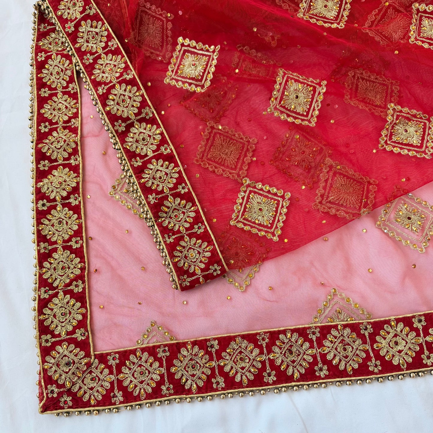 Red Bridal Net Dupatta with Heavy Embroidered Border | Wedding Chunni for Bride | Gold Zari & Sequin Work | Indian Dulhan Dupatta | Bridal Veil
