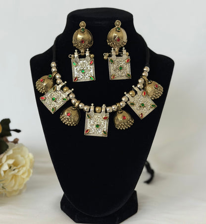 Oxidized Silver & Gold Necklace Set, Dual Tone Indian Jewelry, Jhumka Pendant Necklace, Red Green Stone Jewelry, Navratri Garba Jewelry Set