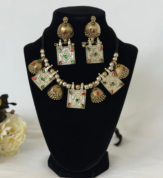 Oxidized Silver & Gold Necklace Set, Dual Tone Indian Jewelry, Jhumka Pendant Necklace, Red Green Stone Jewelry, Navratri Garba Jewelry Set