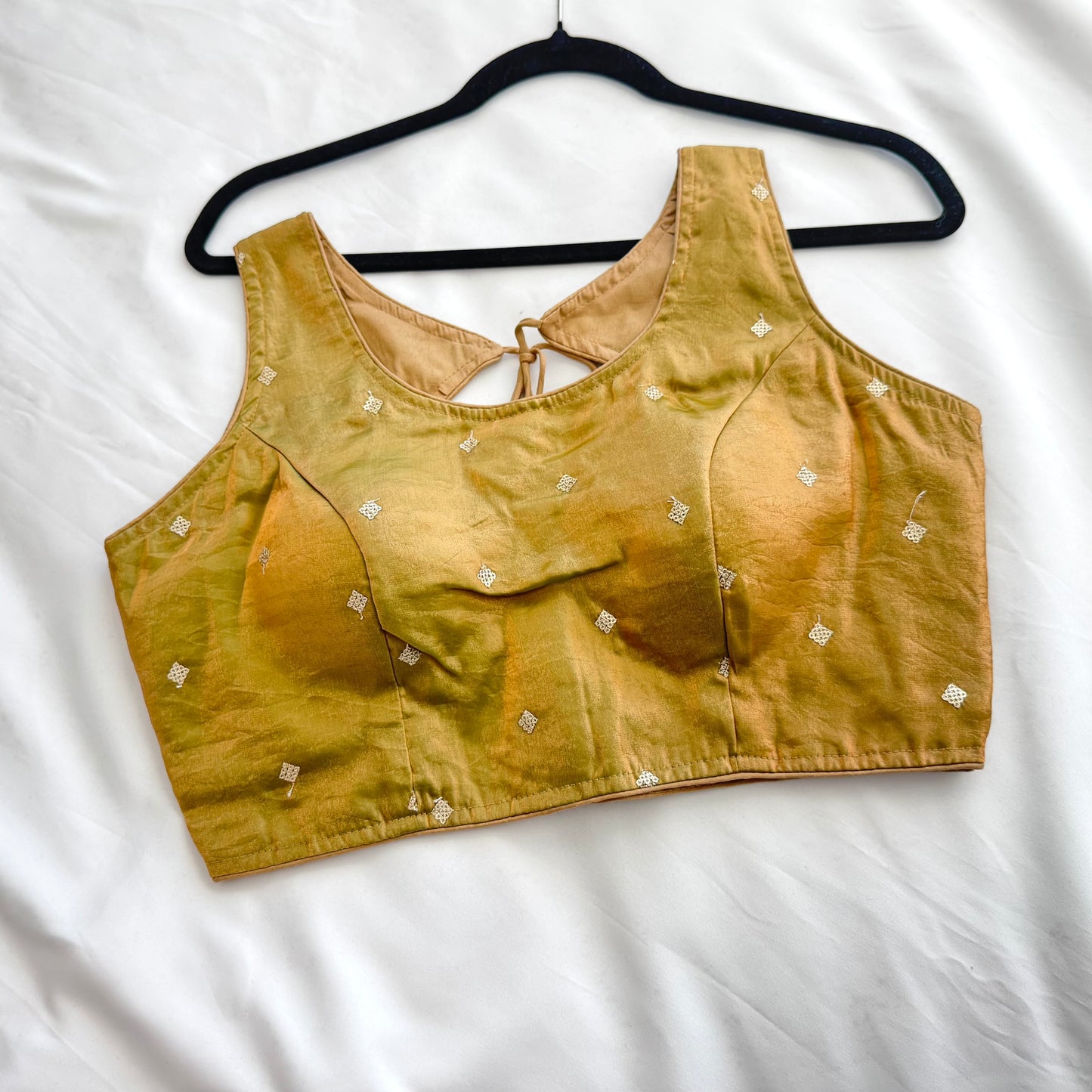 Gold Green Dual Tone Fandy Silk Blouse | Sequins Butti Work, Padded, Back Dori Tassels