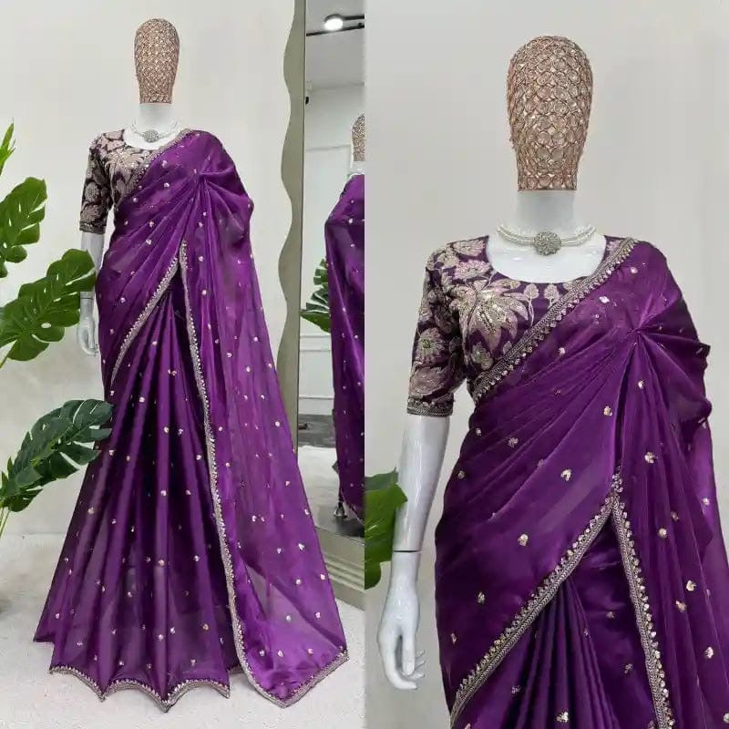 Purple Designer Saree with Readymade Stitched Blouse | Soft Shimmery tissue Party Wear Saree | Wedding & Festive Saree | Indian Ethnic Saree