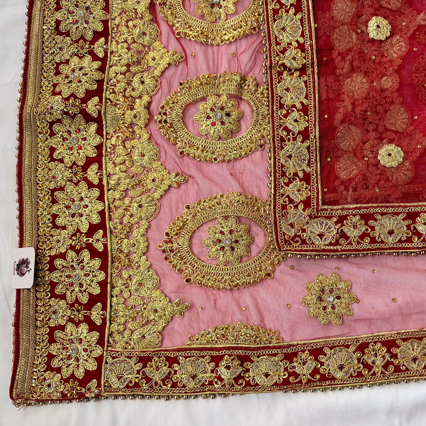 Bridal Red Net Dupatta with Heavy Zardozi Embroidery, Wedding Chunni, Dulhan Dupatta, Gold Lace Veil, Indian Bridal Dupatta